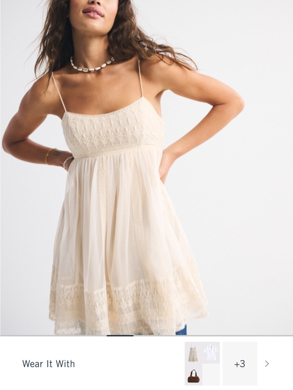 Cream Smocked Lace-Trim Spaghetti Strap Dress